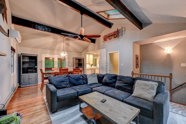 3207 Green Meadow Cir, Pocono Pines, PA 18350 - living room featuring a baseboard radiator, light wood-type flooring, a ceiling fan, an AC wall unit, and a chandelier