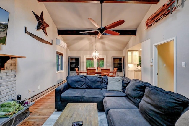 3207 Green Meadow Cir, Pocono Pines, PA 18350 - living room with beamed ceiling, wood finished floors, ceiling fan, a wall mounted AC, and high vaulted ceiling