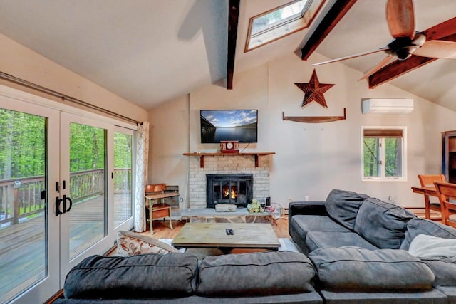3207 Green Meadow Cir, Pocono Pines, PA 18350 - living area with wood finished floors, ceiling fan, a fireplace, a wall unit AC, and french doors