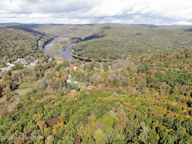 drone / aerial view featuring a wooded view and a water and mountain view