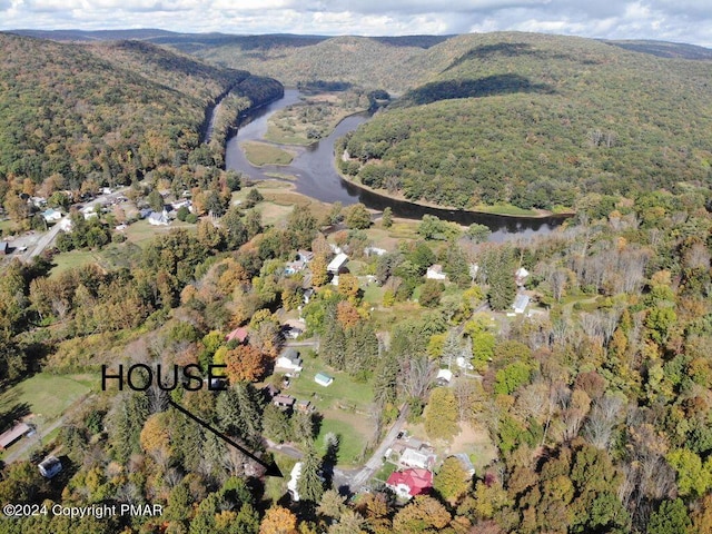 bird's eye view featuring a forest view and a water and mountain view