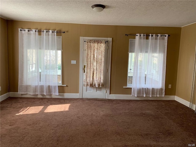 carpeted spare room with baseboards and a textured ceiling