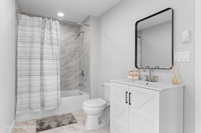 bathroom featuring toilet, recessed lighting, vanity, marble finish floor, and shower / bath combination with curtain