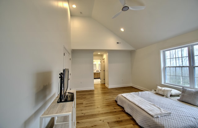 109 Forest Lake Dr, Jim Thorpe, PA 18229 - bedroom featuring recessed lighting, high vaulted ceiling, wood finished floors, and ensuite bath