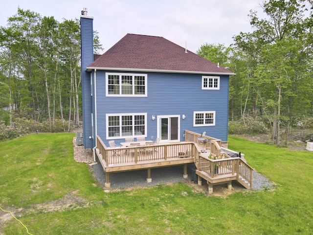 109 Forest Lake Dr, Jim Thorpe, PA 18229 - back of house with a chimney, a deck, a yard, and a shingled roof