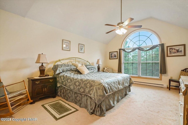 277 Packanack Dr, Clifton Township, PA 18424 - bedroom with a baseboard radiator, vaulted ceiling, light colored carpet, and a ceiling fan