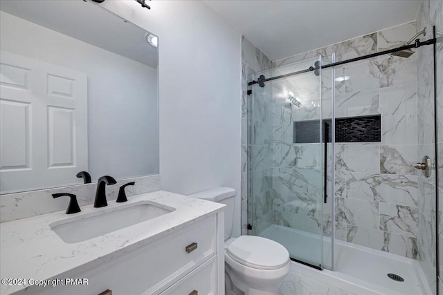 120 St Andrews Dr, Bushkill, PA 18324 - bathroom with toilet, a marble finish shower, and vanity