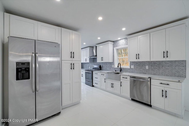 120 St Andrews Dr, Bushkill, PA 18324 - kitchen with stainless steel appliances, a sink, wall chimney exhaust hood, decorative backsplash, and white cabinetry