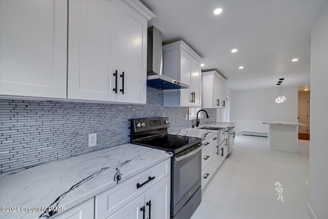 120 St Andrews Dr, Bushkill, PA 18324 - kitchen featuring stainless steel range with electric cooktop, wall chimney range hood, a baseboard radiator, white cabinets, and decorative backsplash