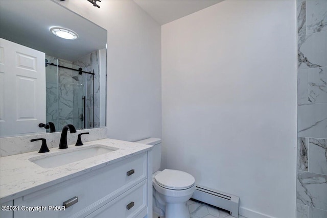 120 St Andrews Dr, Bushkill, PA 18324 - bathroom featuring a baseboard heating unit, a marble finish shower, vanity, and toilet