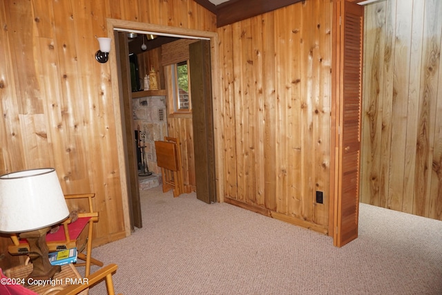 hallway featuring wooden walls and carpet flooring