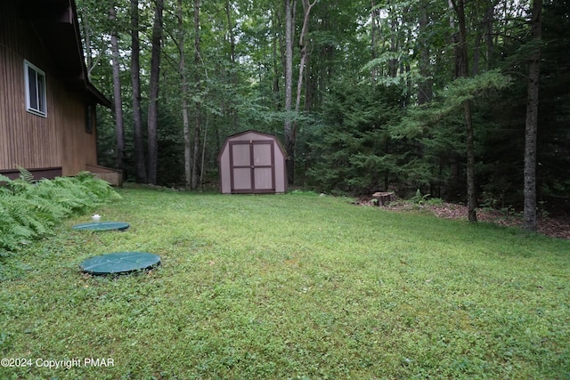 view of yard with a shed, a wooded view, and an outbuilding