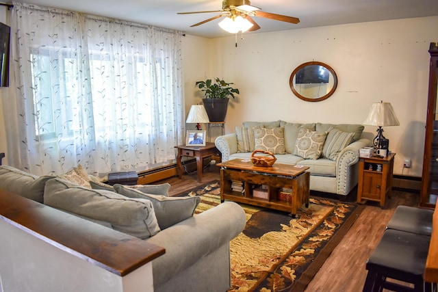 8044 Promontory Dr, White Haven, PA 18661 - living area with ceiling fan, wood finished floors, and a baseboard radiator