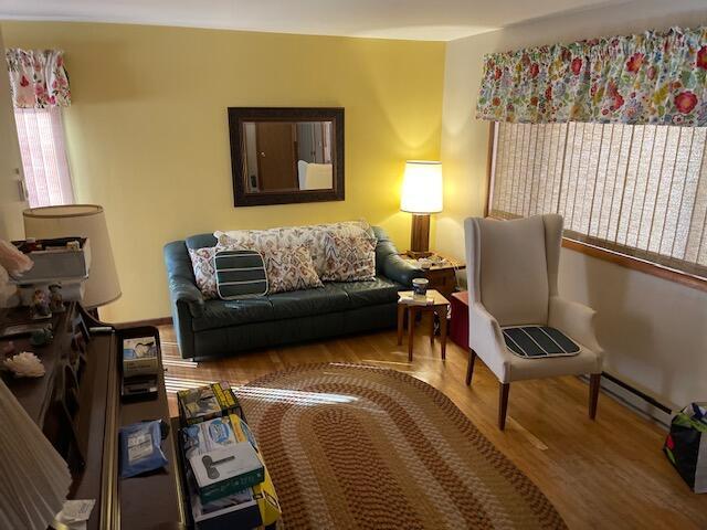 living room with wood finished floors and a baseboard radiator