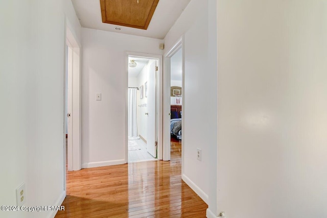 hall featuring light wood finished floors and baseboards