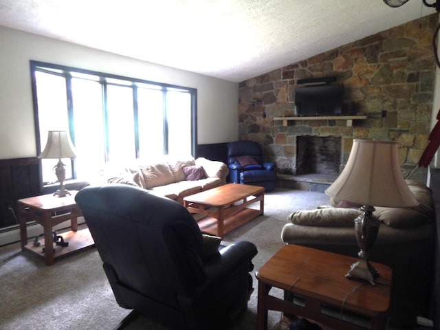 3277 State St, White Haven, PA 18661 - carpeted living room with vaulted ceiling, a fireplace, and a textured ceiling