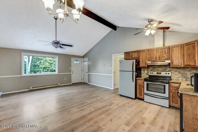 kitchen featuring lofted ceiling with beams, backsplash, baseboard heating, stainless steel appliances, and light hardwood / wood-style flooring