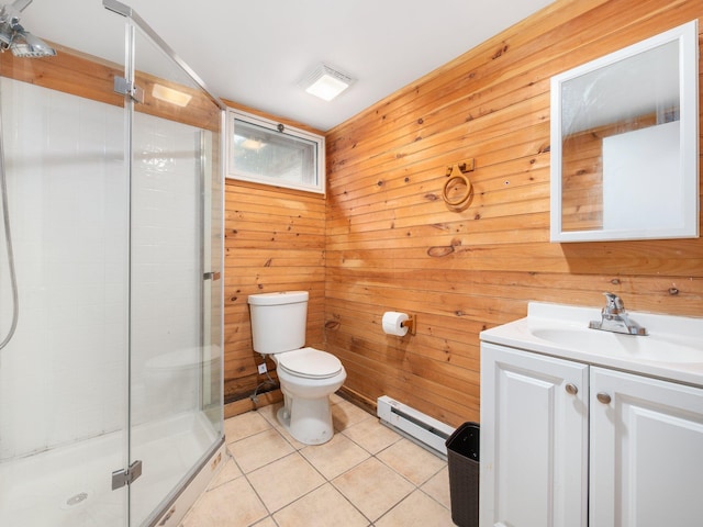 1533 Black Birch Way, Tobyhanna, PA 18466 - bathroom with baseboard heating, vanity, a stall shower, wood walls, and tile patterned flooring