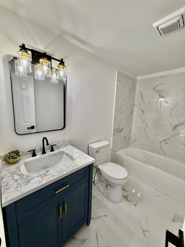 bathroom with visible vents, toilet, marble finish floor, bathtub / shower combination, and vanity