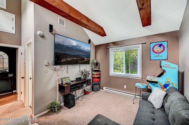 carpeted living area featuring lofted ceiling with beams, baseboard heating, visible vents, and baseboards