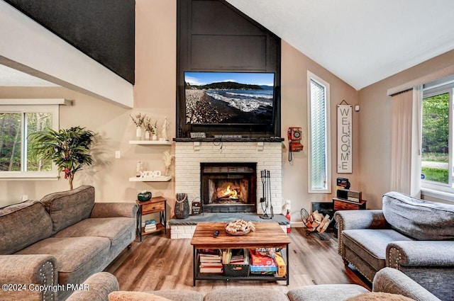 living room with lofted ceiling, a fireplace, and wood finished floors