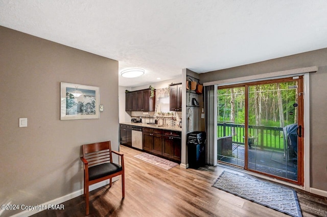 kitchen featuring light wood-style flooring, stainless steel dishwasher, decorative backsplash, a sink, and dark brown cabinetry