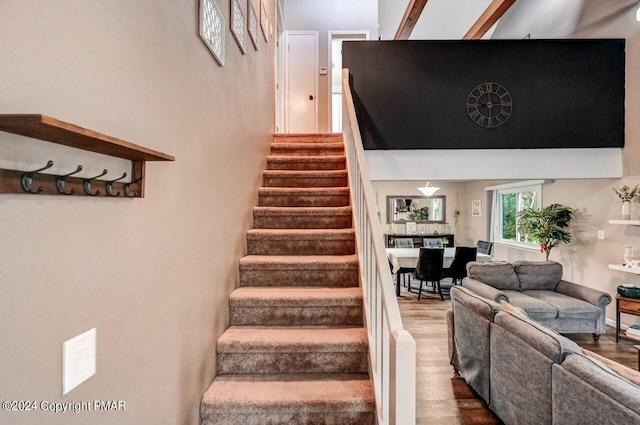 stairs featuring a towering ceiling and wood finished floors