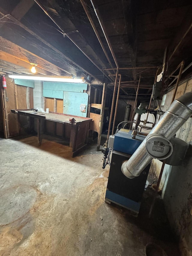 unfinished basement with a workshop area