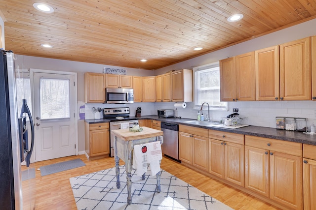 kitchen featuring tasteful backsplash, wooden ceiling, stainless steel appliances, light wood-type flooring, and a sink