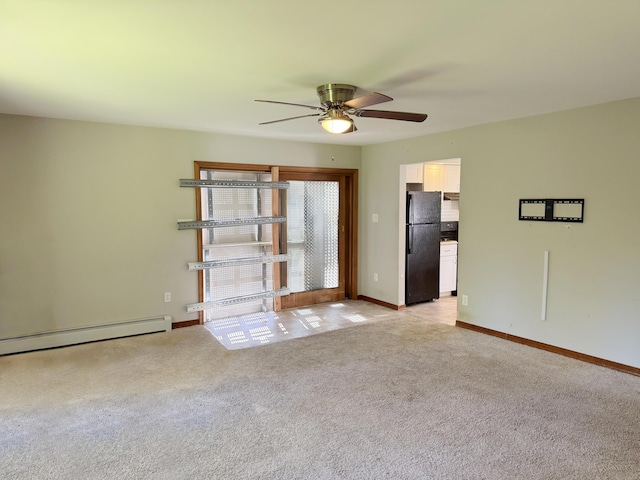 417 Lower Swiftwater Rd, Cresco, PA 18326 - empty room with a ceiling fan, light colored carpet, a baseboard radiator, and baseboards