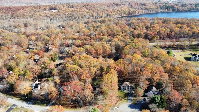 birds eye view of property featuring a water view and a view of trees