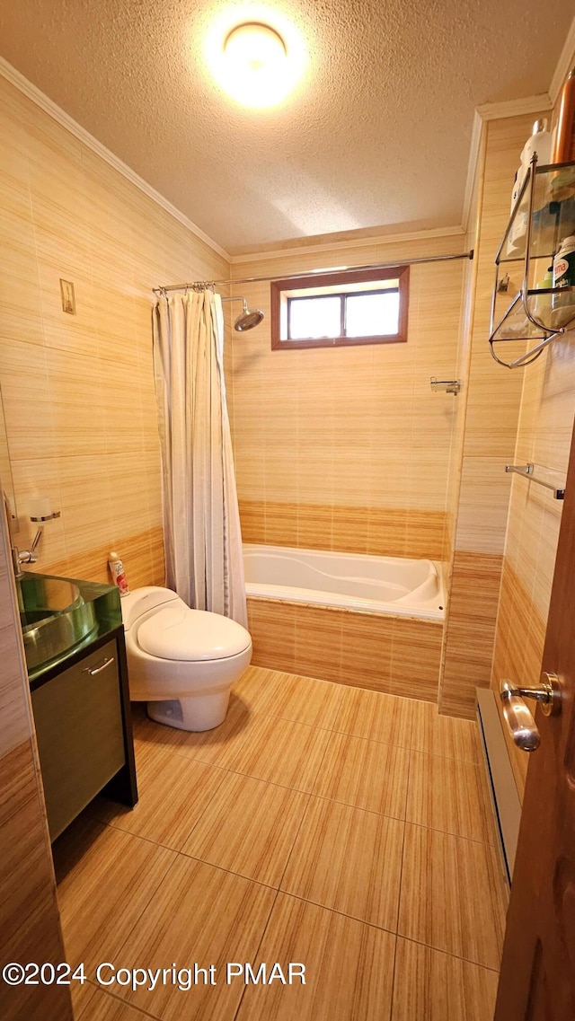 bathroom with toilet, ornamental molding, tiled shower / bath, a textured ceiling, and tile walls