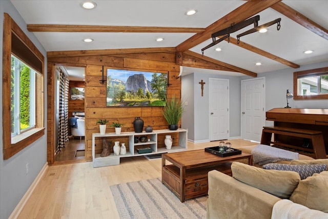 262 Marilou Ln, Bartonsville, PA 18321 - living area with light wood finished floors, wooden walls, and recessed lighting