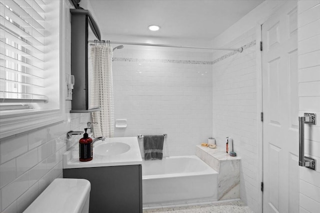 262 Marilou Ln, Bartonsville, PA 18321 - bathroom with tile walls, shower / bath combo with shower curtain, vanity, and recessed lighting