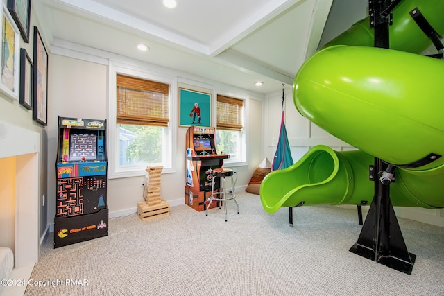 game room with baseboards, carpet flooring, beamed ceiling, and recessed lighting