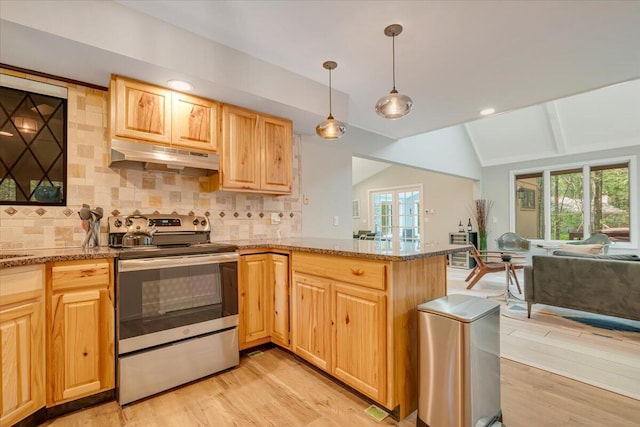 171 Flintlock Trl, Pocono Pines, PA 18350 - kitchen featuring stainless steel electric range, under cabinet range hood, lofted ceiling, light wood-type flooring, and open floor plan
