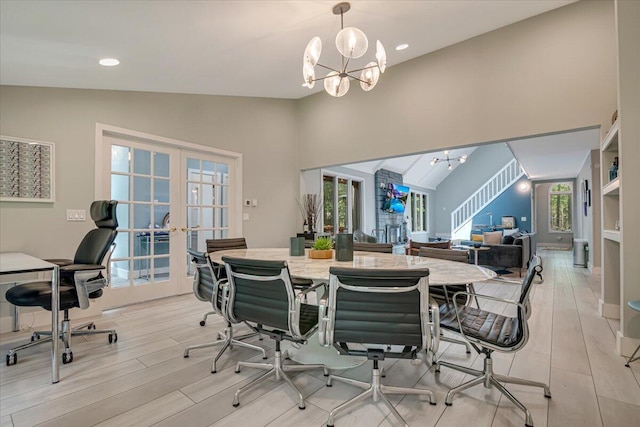 171 Flintlock Trl, Pocono Pines, PA 18350 - dining space featuring french doors, a chandelier, plenty of natural light, light wood-style floors, and recessed lighting