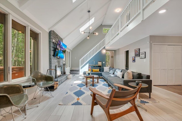 171 Flintlock Trl, Pocono Pines, PA 18350 - living area featuring healthy amount of natural light, a fireplace, high vaulted ceiling, wood finished floors, and beam ceiling