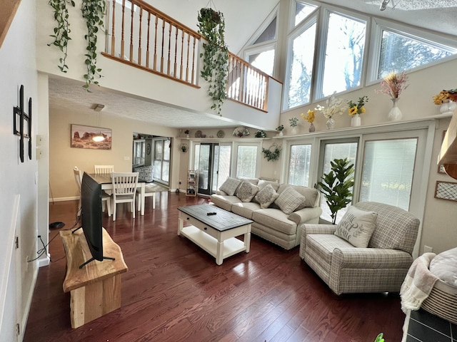 5144 Hounds Ear Rd, Tobyhanna, PA 18466 - living room with a high ceiling, baseboards, and dark wood finished floors