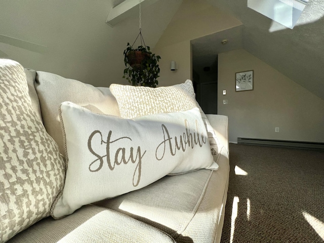 5144 Hounds Ear Rd, Tobyhanna, PA 18466 - carpeted bedroom with baseboard heating and lofted ceiling