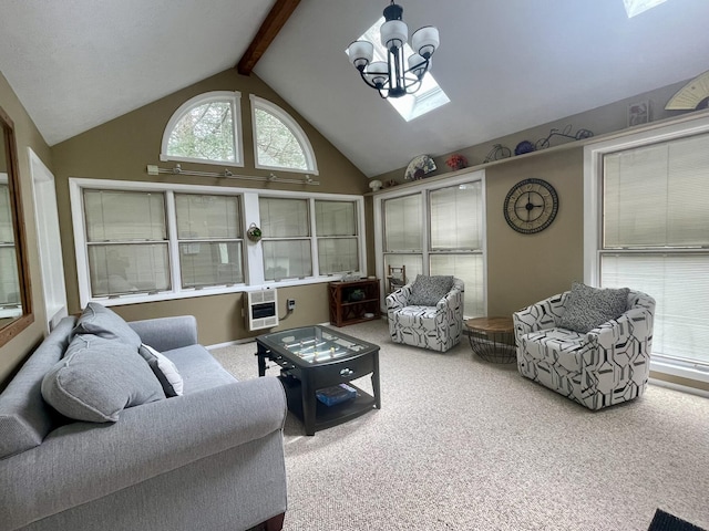 5144 Hounds Ear Rd, Tobyhanna, PA 18466 - carpeted living area featuring vaulted ceiling with skylight, an inviting chandelier, and heating unit