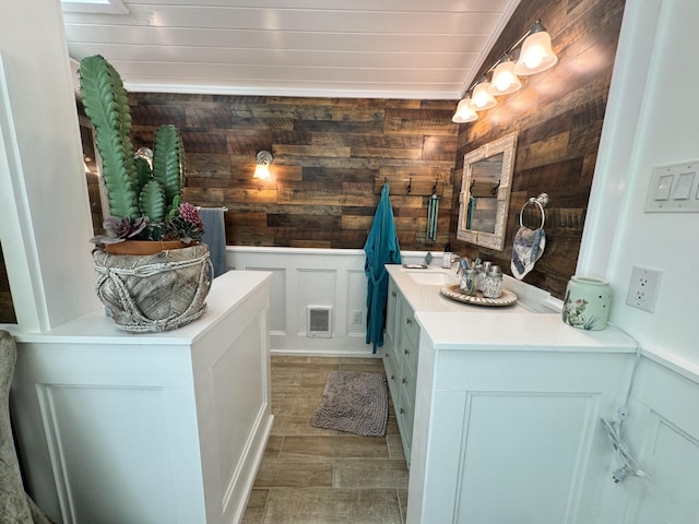 338 Tower Rd, Albrightsville, PA 18210 - bathroom with vanity, wood walls, and wood finished floors