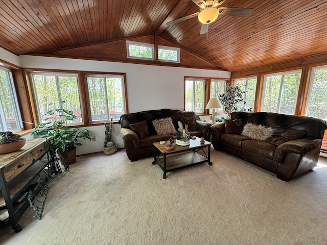 338 Tower Rd, Albrightsville, PA 18210 - living room with wooden ceiling, carpet flooring, a ceiling fan, vaulted ceiling, and baseboards