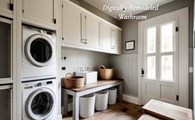 1219 Sherwood Forest Rd, Stroudsburg, PA 18360 - laundry room featuring cabinet space, wine cooler, and stacked washing maching and dryer