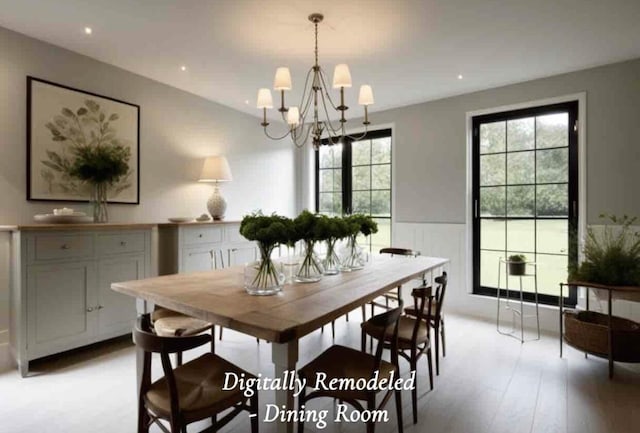 1219 Sherwood Forest Rd, Stroudsburg, PA 18360 - dining space with recessed lighting, light wood-style floors, a chandelier, and wainscoting