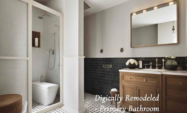 1219 Sherwood Forest Rd, Stroudsburg, PA 18360 - full bath featuring a wainscoted wall, a tile shower, toilet, vanity, and tile walls