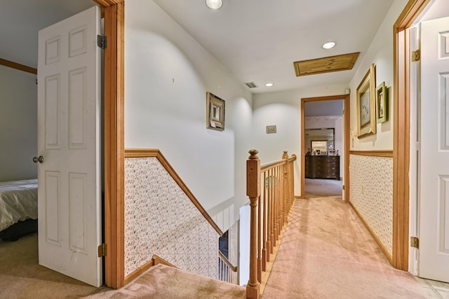 1219 Sherwood Forest Rd, Stroudsburg, PA 18360 - hall with a wainscoted wall, an upstairs landing, light colored carpet, and visible vents