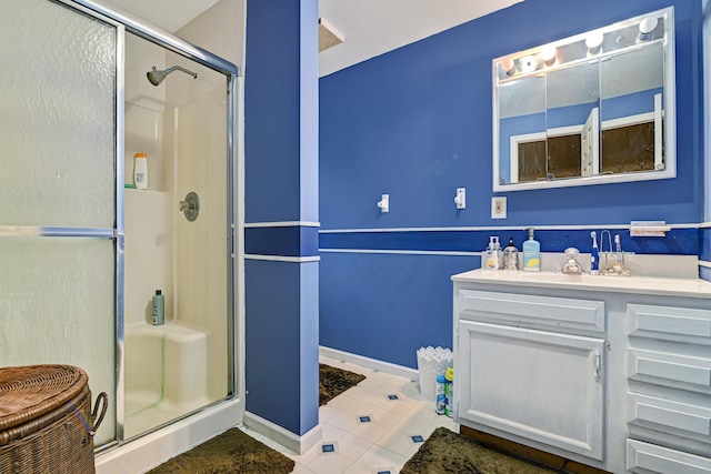 1219 Sherwood Forest Rd, Stroudsburg, PA 18360 - full bathroom featuring tile patterned flooring, vanity, baseboards, and a shower stall