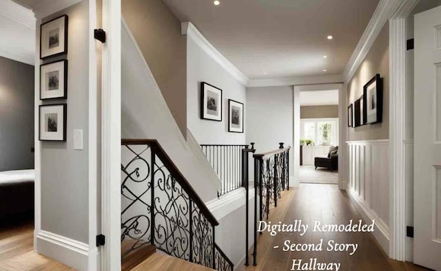 1219 Sherwood Forest Rd, Stroudsburg, PA 18360 - staircase with recessed lighting, wood finished floors, and ornamental molding
