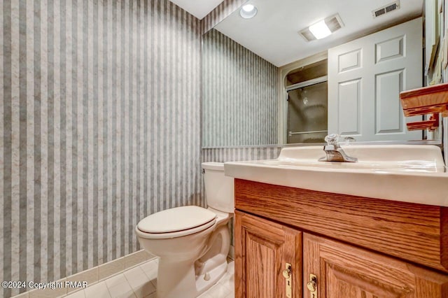 full bathroom with wallpapered walls, visible vents, toilet, tile patterned flooring, and an enclosed shower